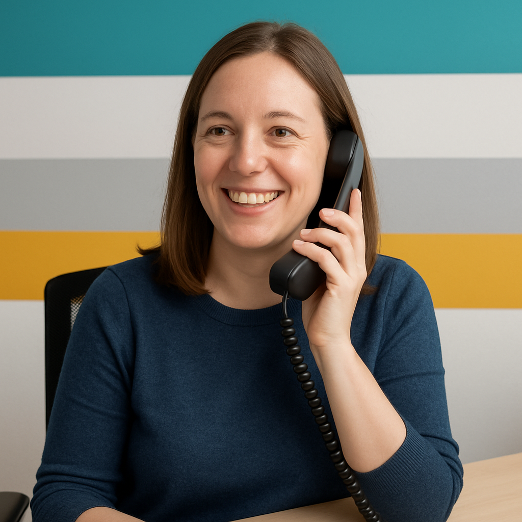 a friendly person answering the phone in an office with the assetcheck colours behind them-1