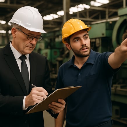 an inspector with a clipboard in a factory checking something off on his clipboard whilst an employee stands next to him pointing at the machinery-1