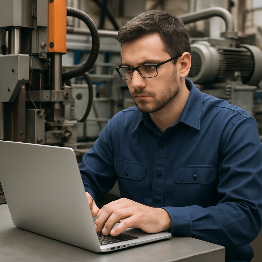 someone using a laptop computer with some industrial machinery behind them